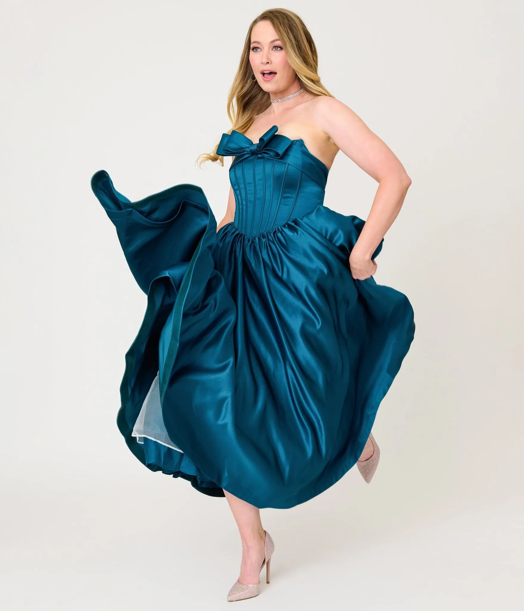 Unique Vintage Teal Bow Strapless Tea Length Gown sold by Unique Vintage product image thumbnail 3