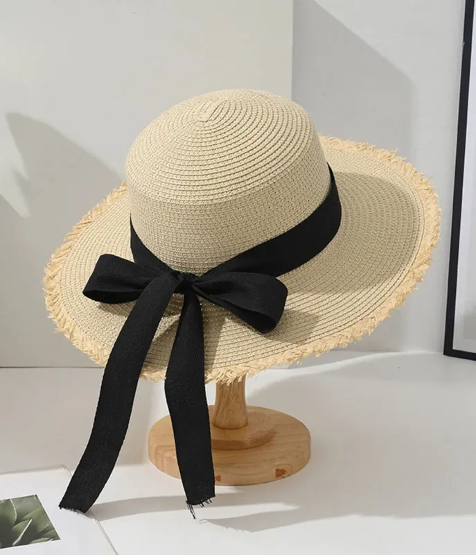 Tan & Bow Accent Straw Sun Hat made by Unique Vintage