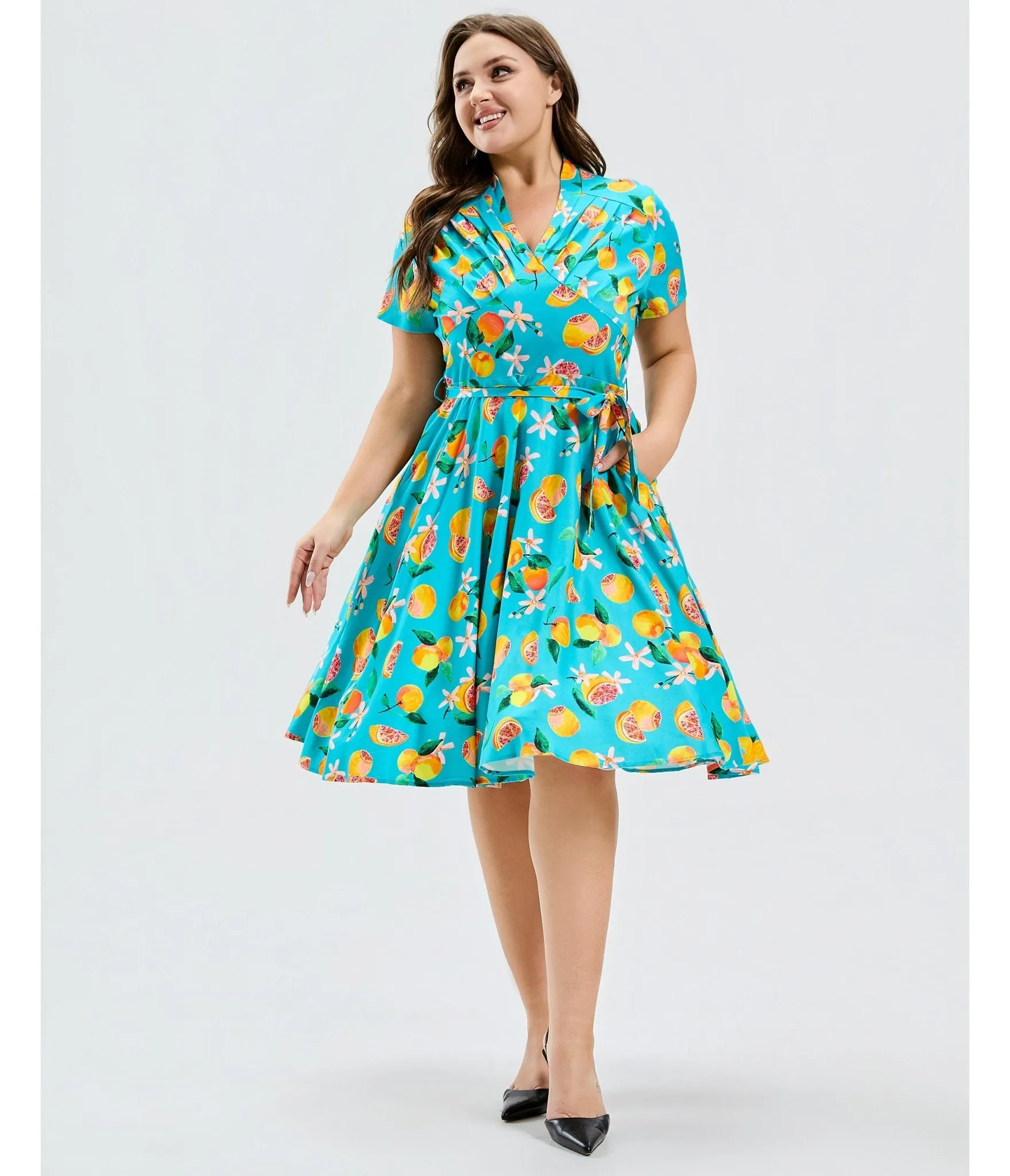Plus Size Turquoise Grapefruit Groove Rose Swing Dress sold by Unique Vintage product image thumbnail 4