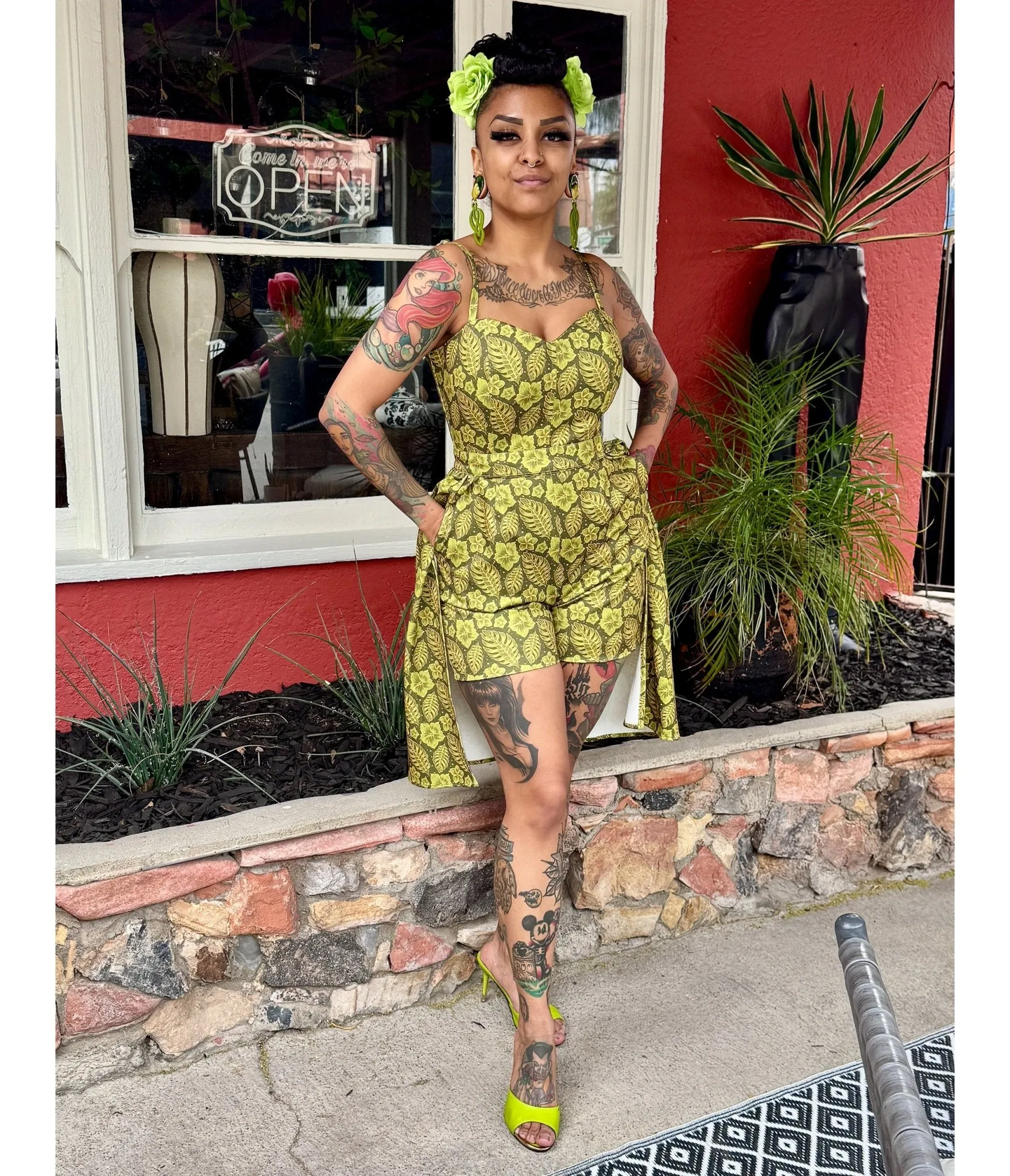 Rockin Bettie Lime Green Tiki Romper sold by Unique Vintage