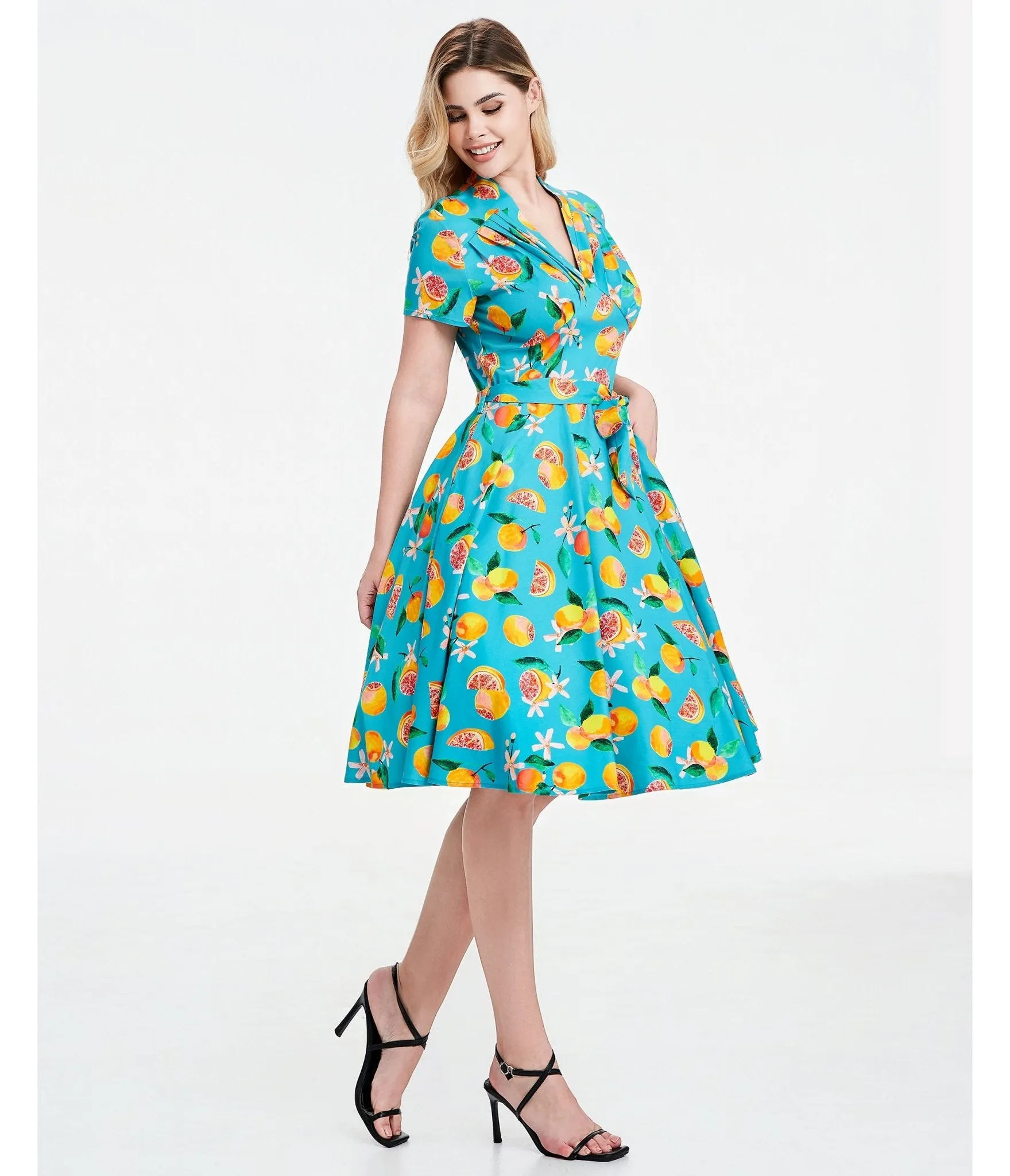 Turquoise Grapefruit Groove Rose Swing Dress sold by Unique Vintage product image thumbnail 4