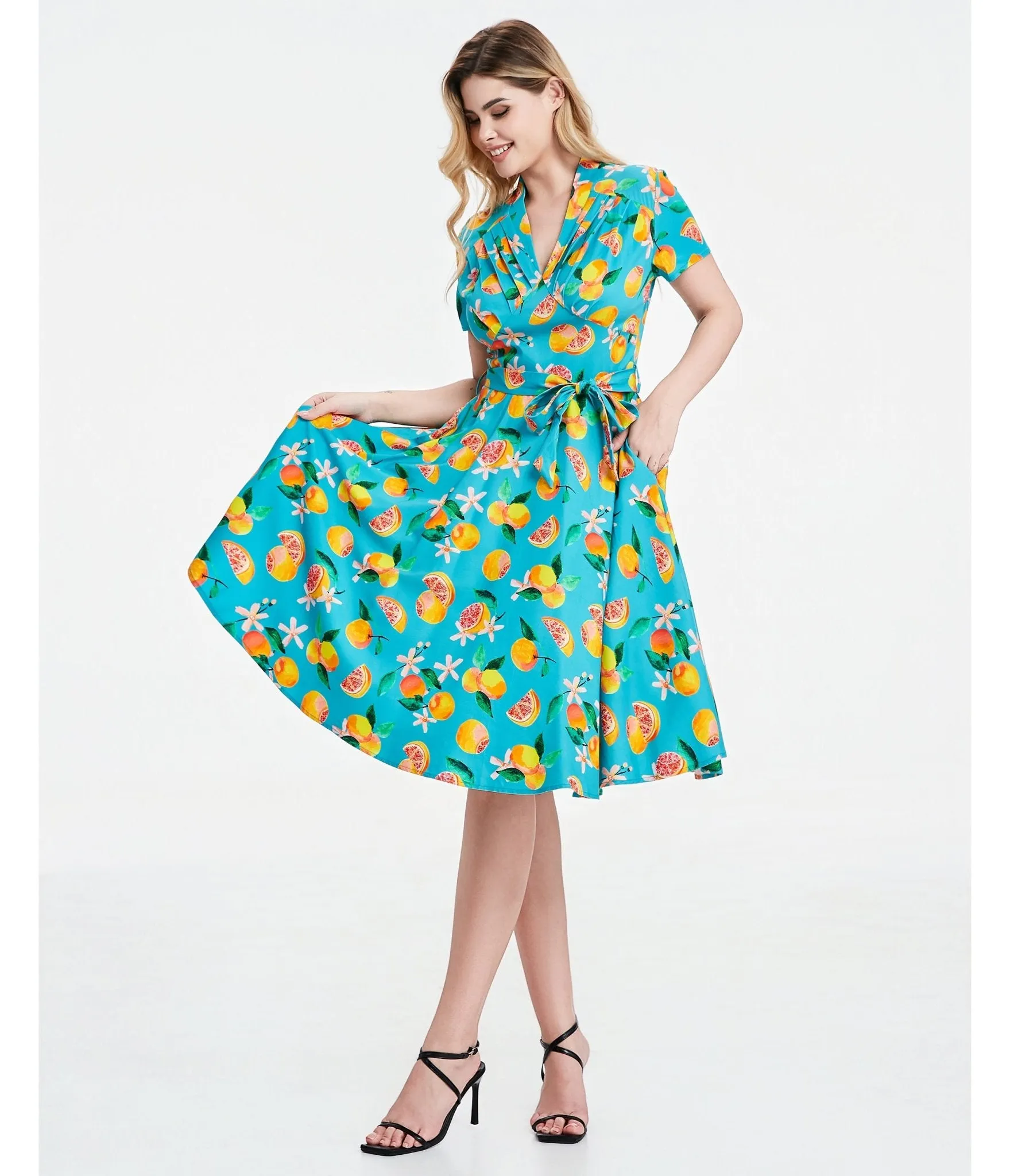Turquoise Grapefruit Groove Rose Swing Dress sold by Unique Vintage product image thumbnail 3