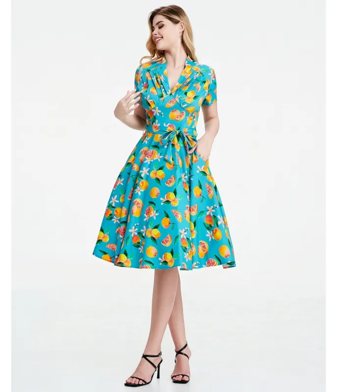 Turquoise Grapefruit Groove Rose Swing Dress made by Unique Vintage