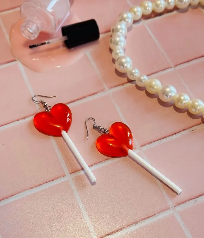 Red Heart Lolli Earrings made by Unique Vintage
