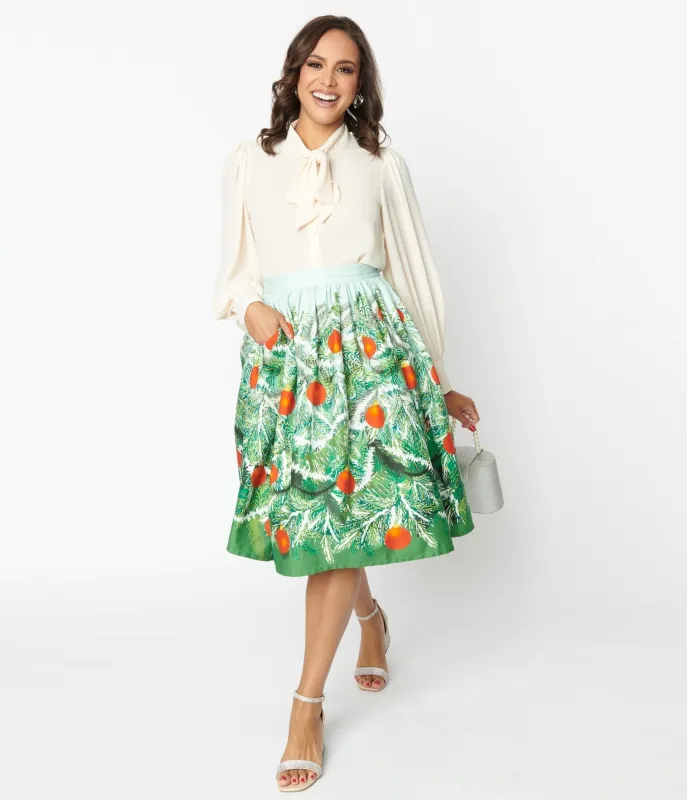 Unique Vintage Green Evergreen & Red Ornaments Swing Skirt made by Unique Vintage