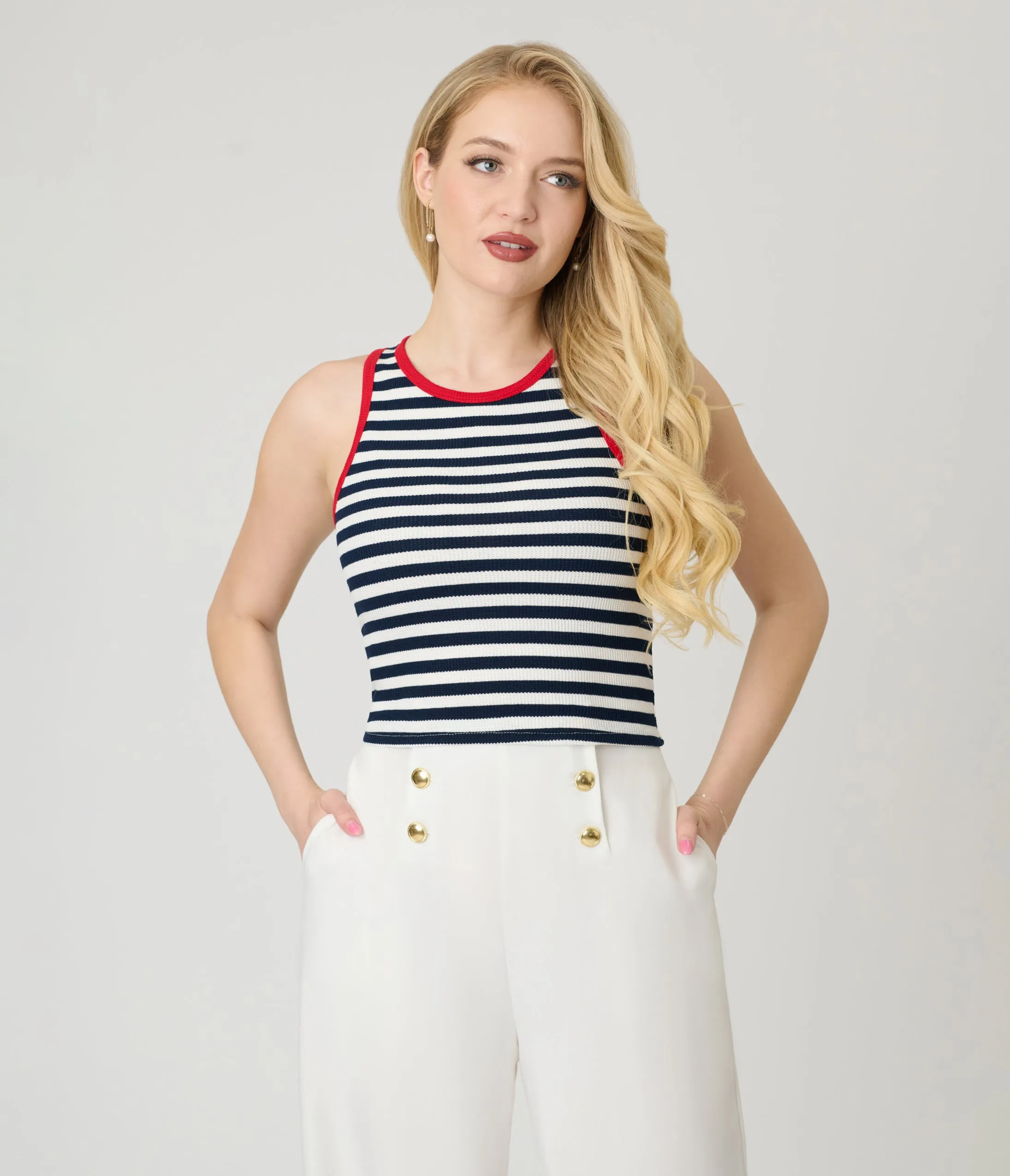Navy & White Stripe Crop Tank Top sold by Unique Vintage product image thumbnail 3