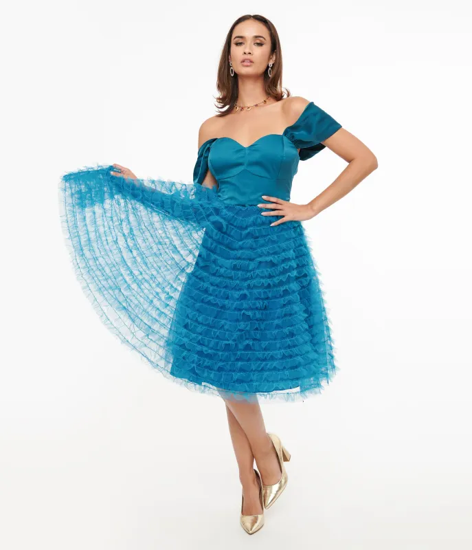 Unique Vintage 1950s Teal Mesh Tulle Off The Shoulder Swing Dress made by Unique Vintage