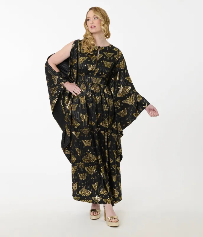 Unique Vintage Black & Gold Moth Flutter Sleeve Caftan made by Unique Vintage