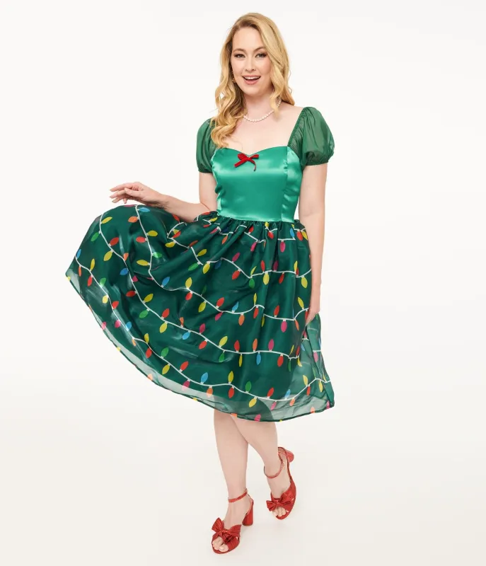 Unique Vintage Light Up1950s Green Christmas Lights Print Sweetheart Dress made by Unique Vintage