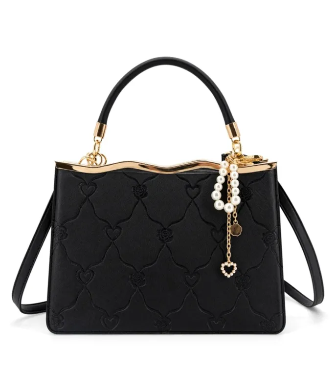 Black Embossed Leatherette Handbag made by Unique Vintage