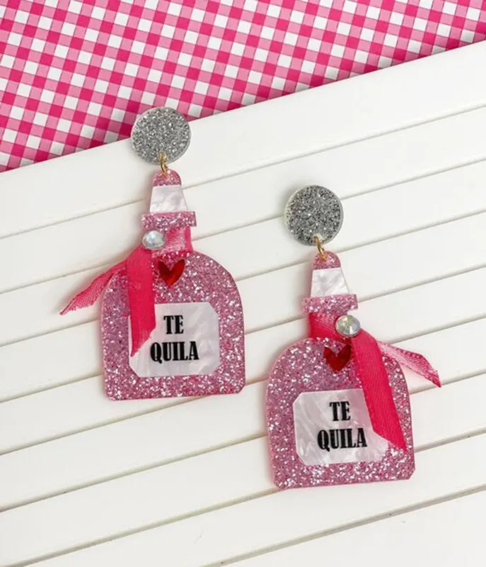Pink Glitter Tequila Dangle Earrings made by Unique Vintage