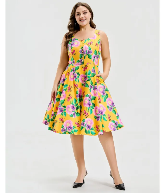 Plus Size Yellow Hibiscus Floral Print Heidi Dress made by Unique Vintage