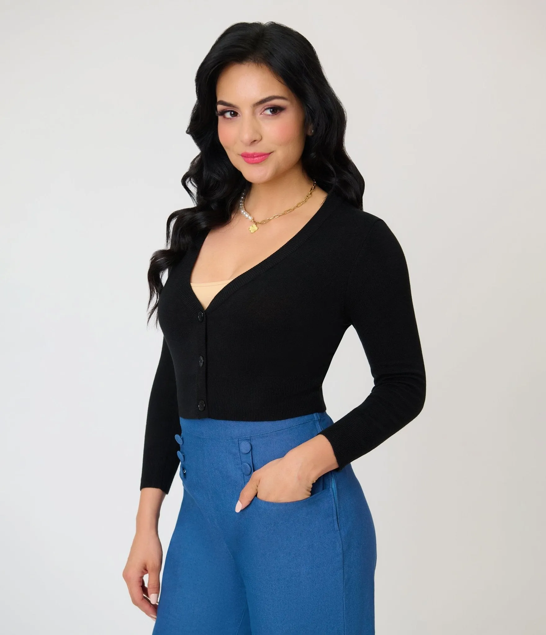 Black Three Quarter Sleeve Crop Cardigan sold by Unique Vintage product image thumbnail 4