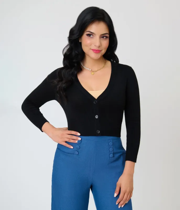 Black Three Quarter Sleeve Crop Cardigan made by Unique Vintage