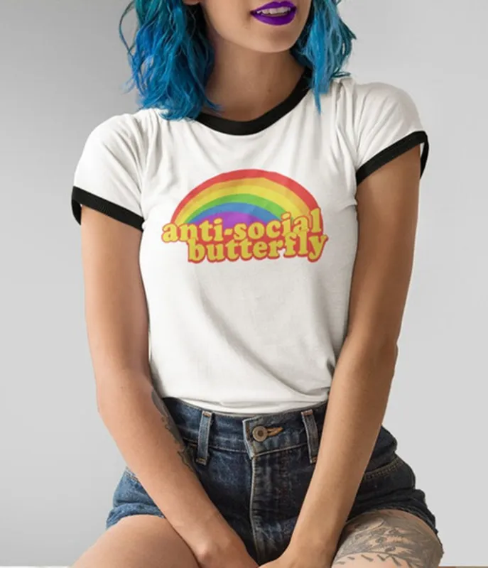 Antisocial Butterfly Unisex Ringer Graphic Tee made by Unique Vintage
