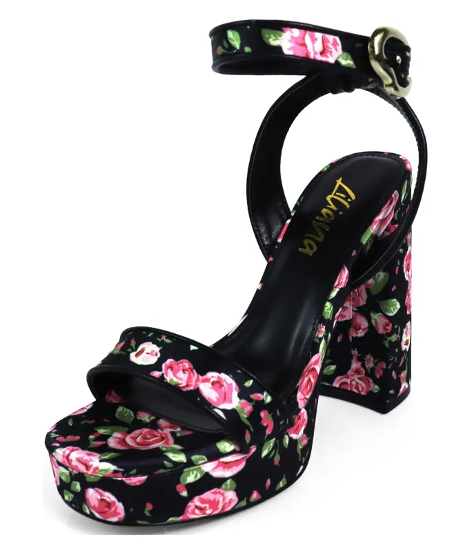 Black Floral Square Toe Platform Heels made by Unique Vintage