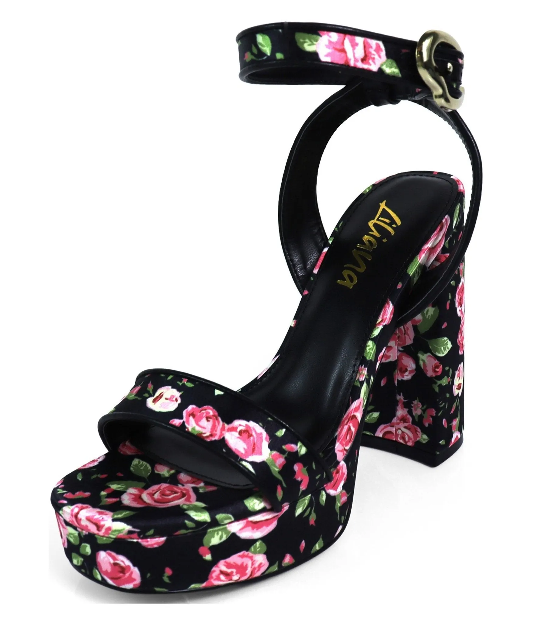 Black Floral Square Toe Platform Heels sold by Unique Vintage