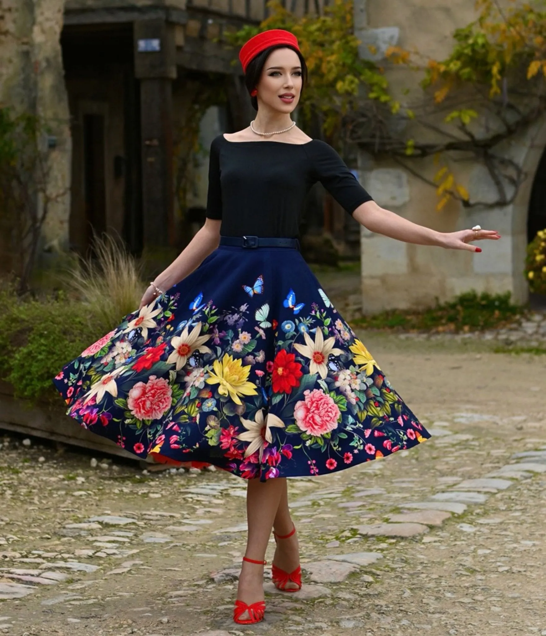 Navy Butterfly Meadow Swing Skirt sold by Unique Vintage