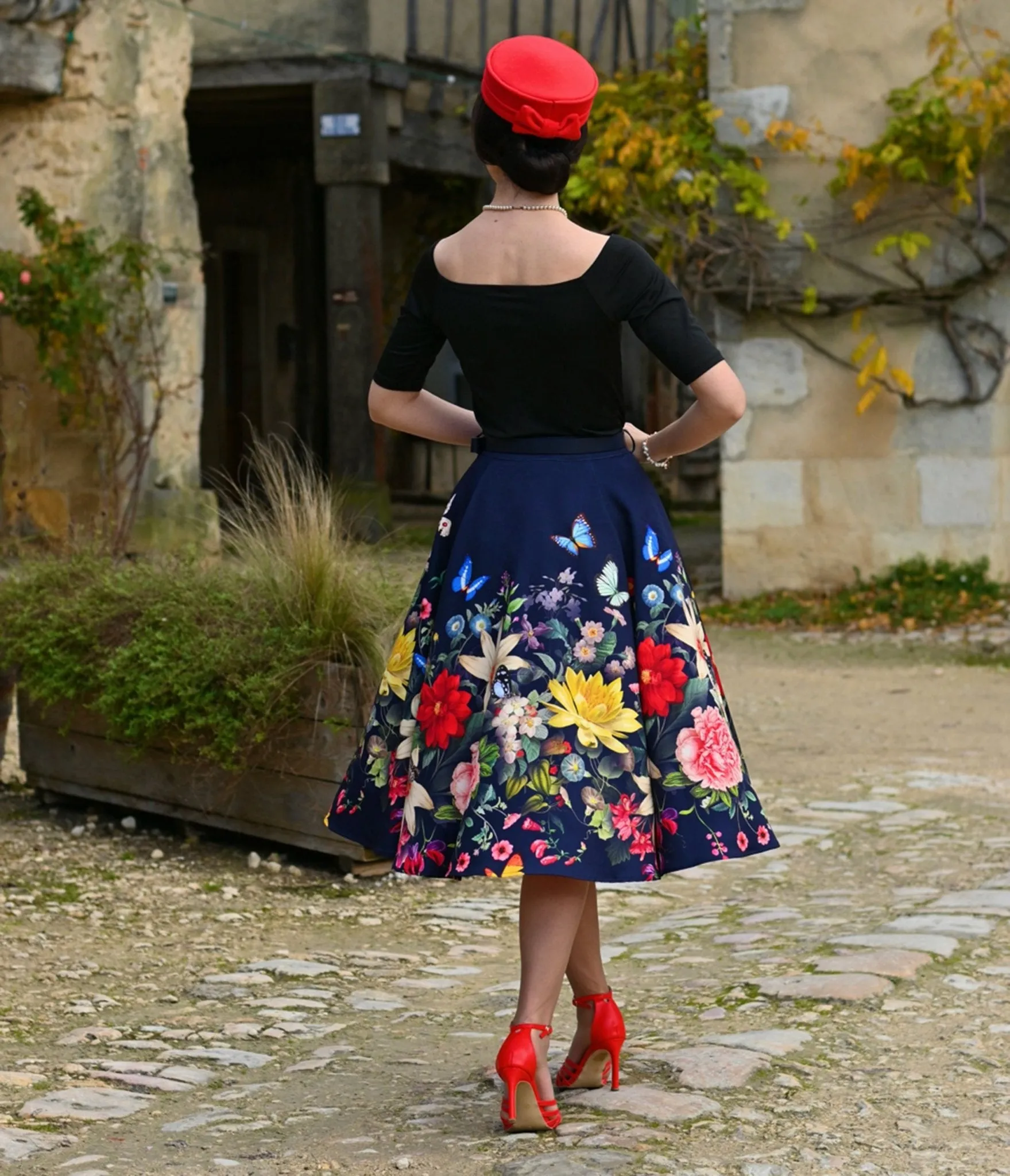 Navy Butterfly Meadow Swing Skirt sold by Unique Vintage product image thumbnail 2