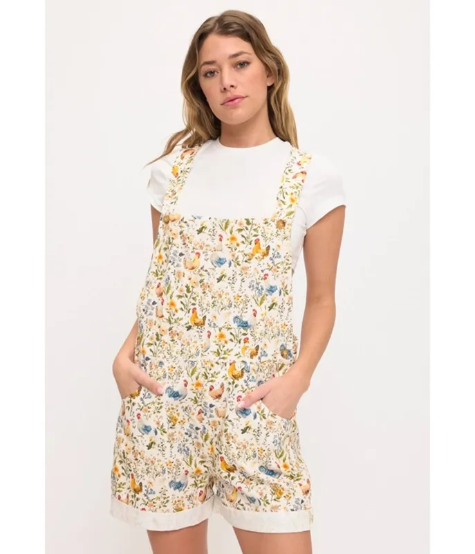 Rooster & Floral Print Short Overalls made by Unique Vintage