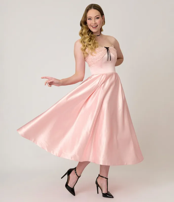 Unique Vintage Light Pink Satin Strapless Corset Tea Length Gown made by Unique Vintage