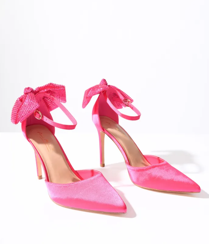 Hot Pink Rhinestone Bow Stiletto Heels made by Unique Vintage