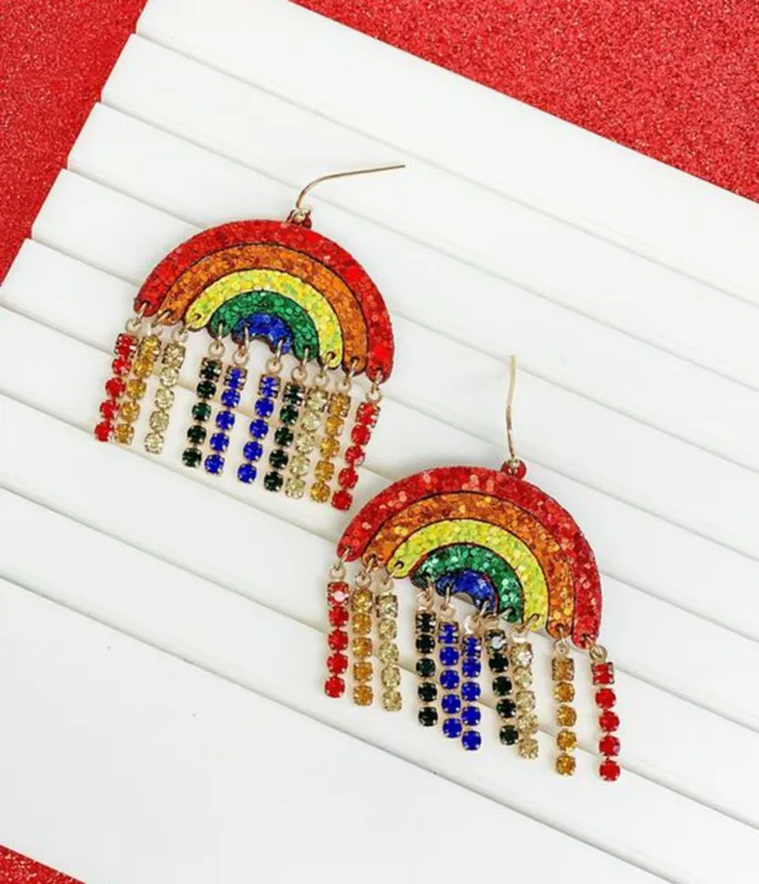 Glitter Rainbow Rhinestone Dangle Earrings made by Unique Vintage