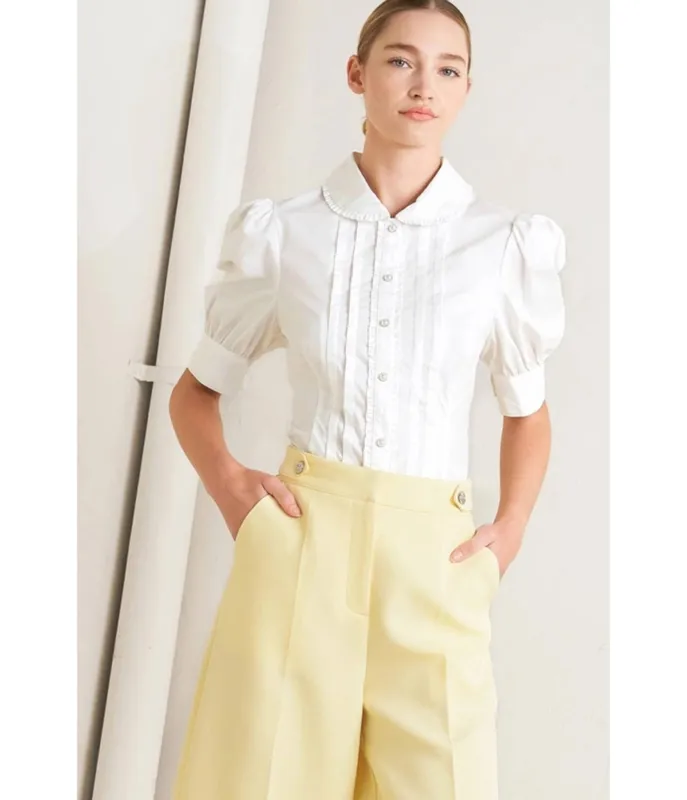 White Pleated Puff Sleeve Blouse made by Flying Tomato