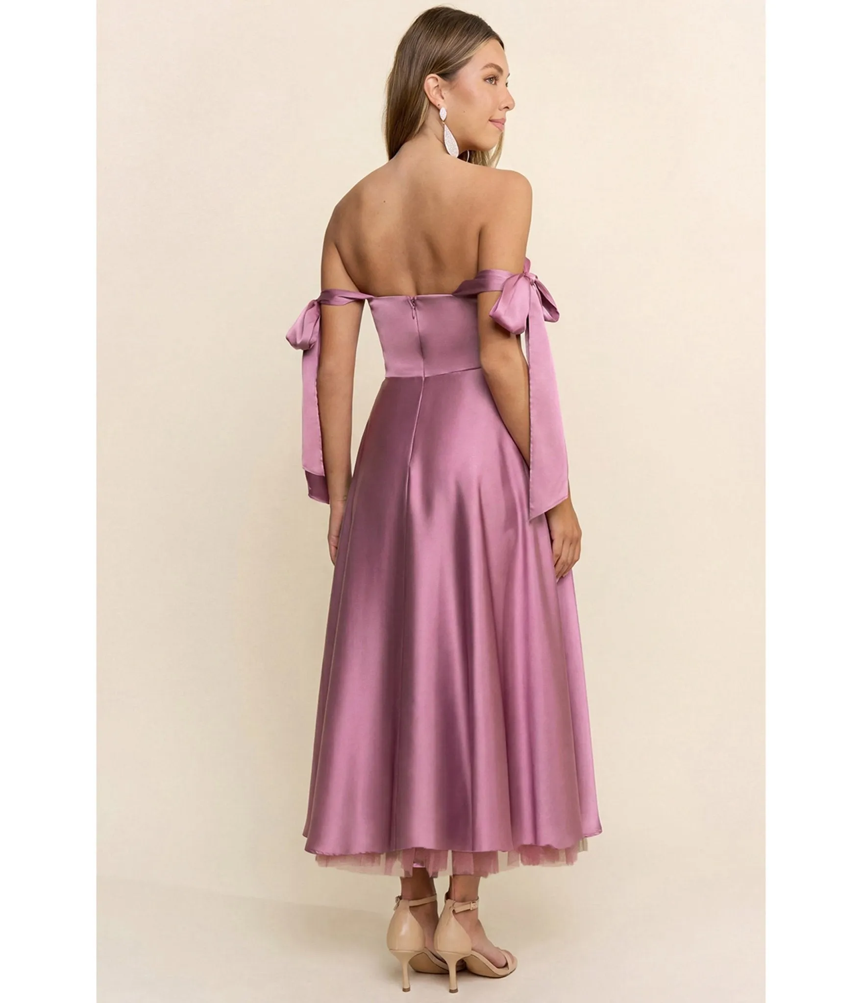 Mauve Off the Shoulder Bow Midi Dress sold by Unique Vintage product image thumbnail 2