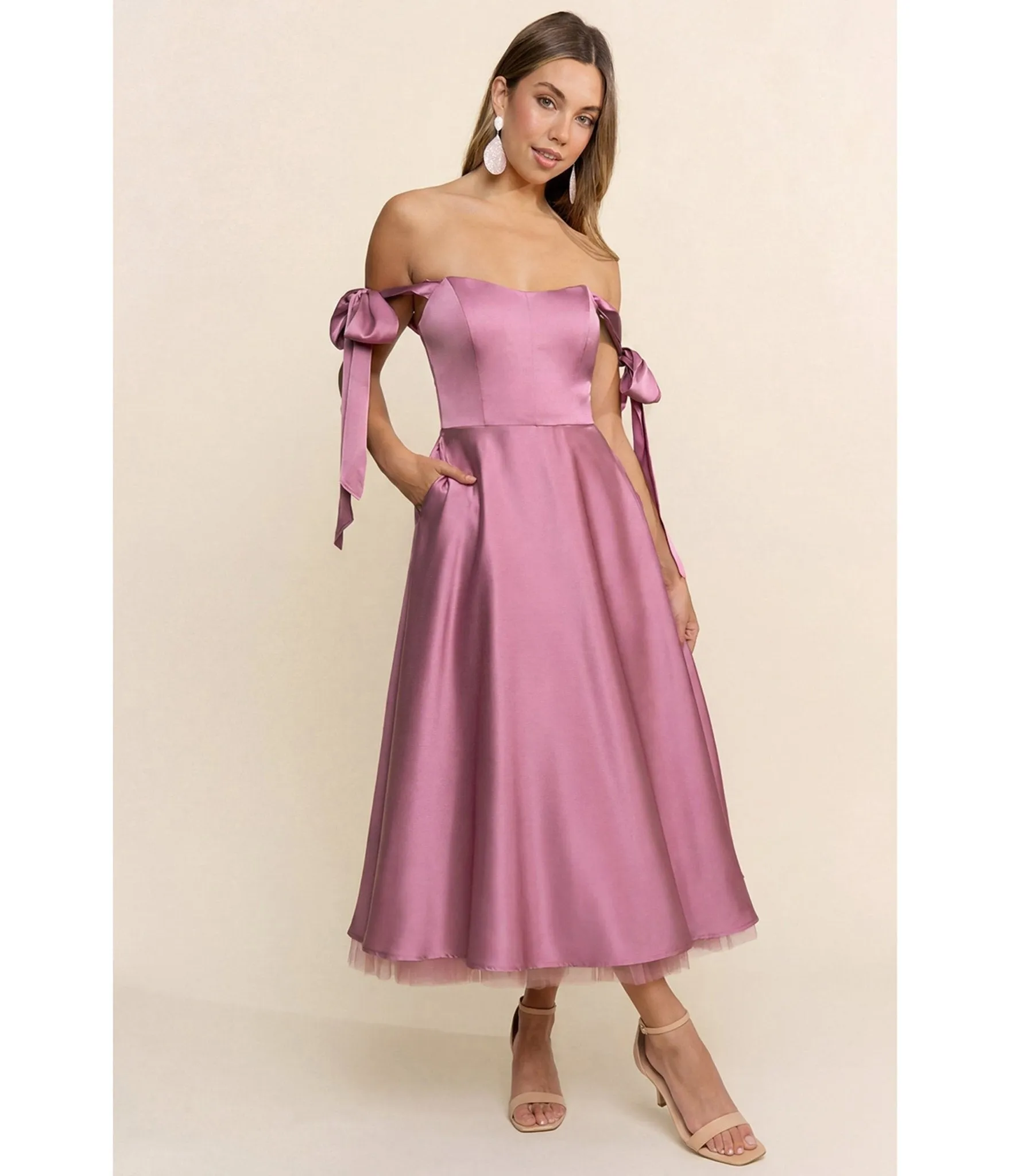 Mauve Off the Shoulder Bow Midi Dress sold by Unique Vintage product image thumbnail 3