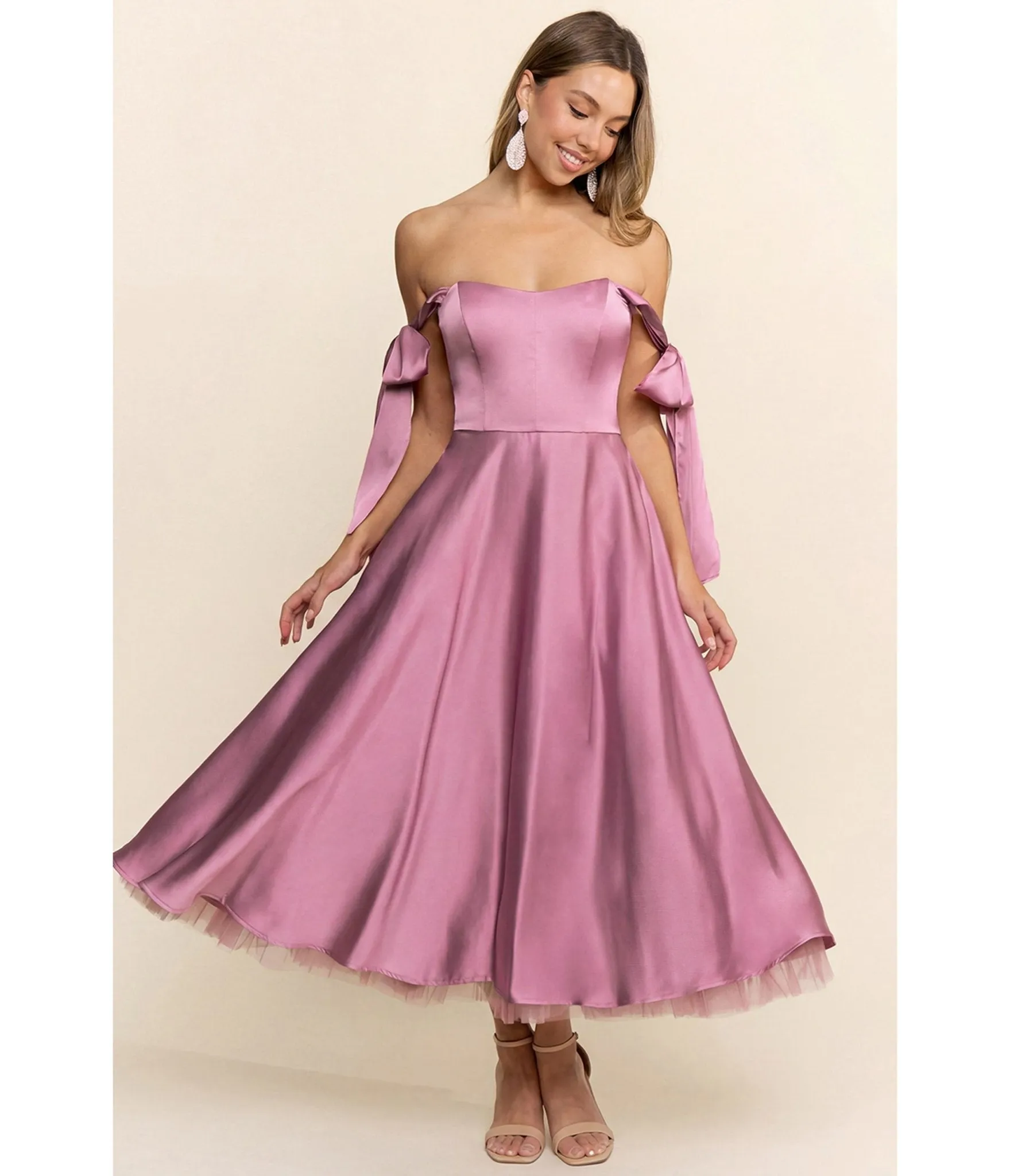 Mauve Off the Shoulder Bow Midi Dress sold by Unique Vintage