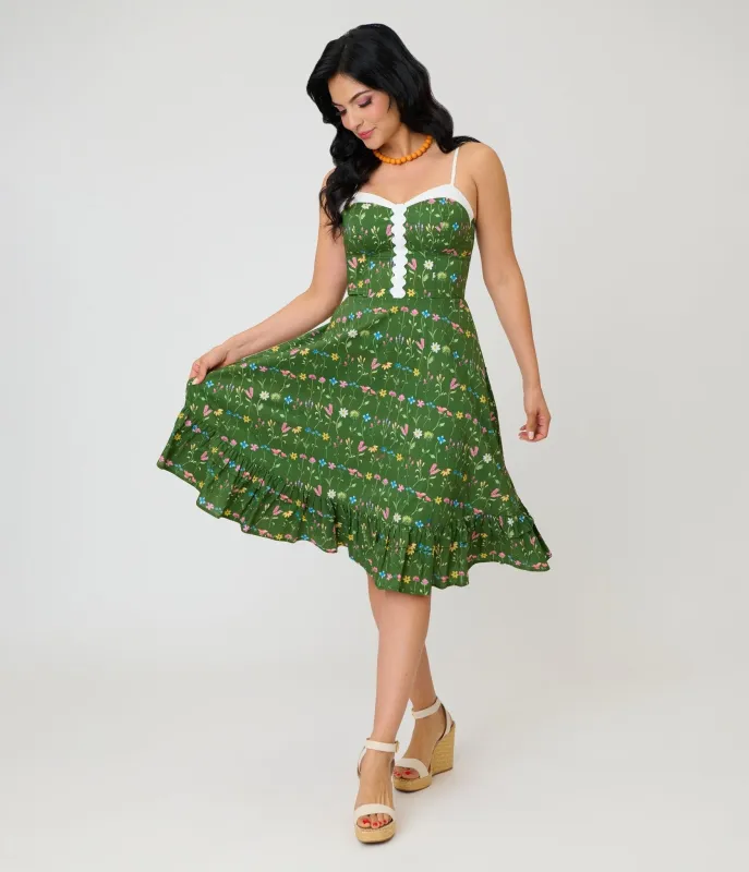 Unique Vintage Green Floral Sweetheart Swing Dress made by Unique Vintage