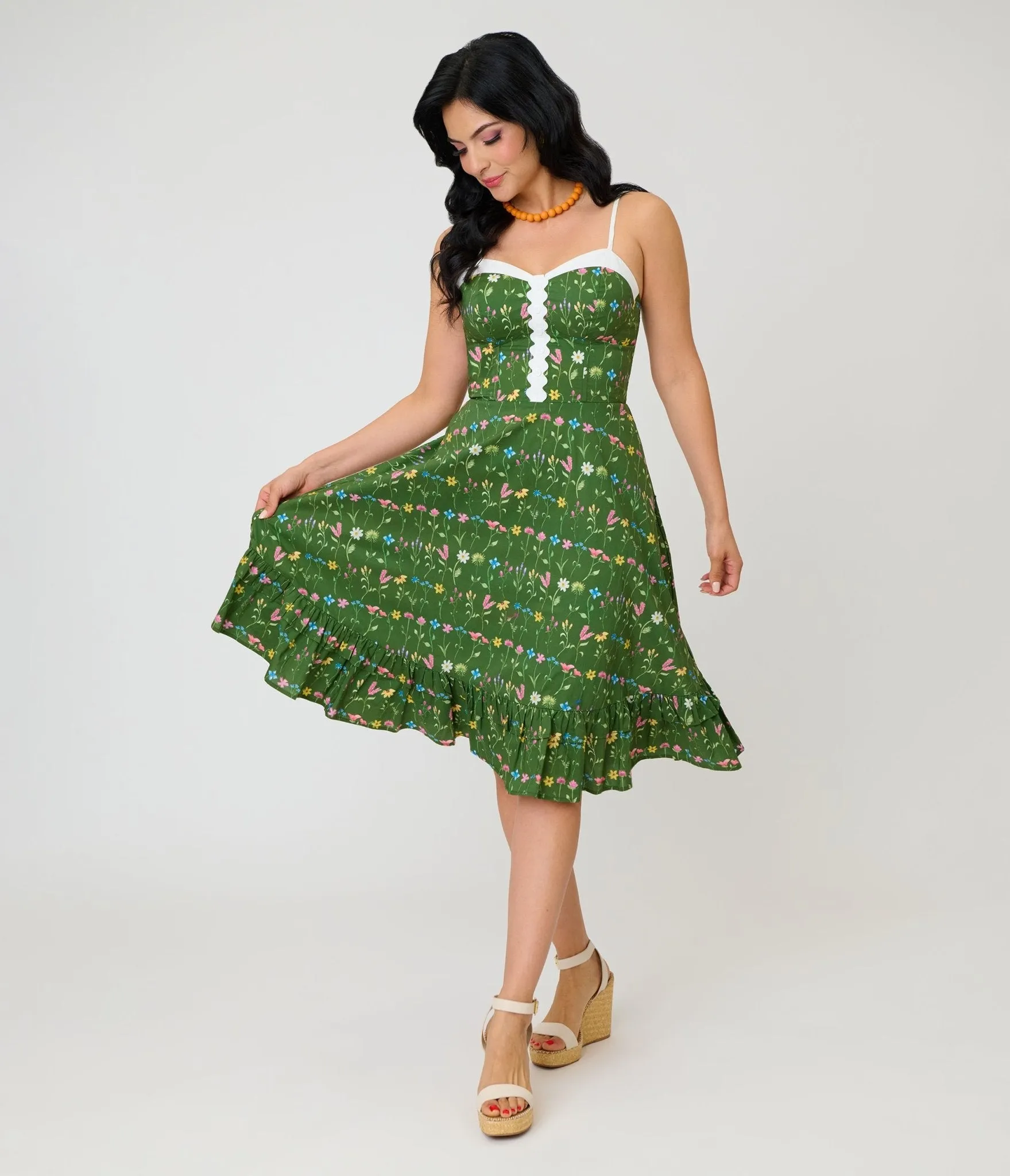 Unique Vintage Green Floral Sweetheart Swing Dress sold by Unique Vintage