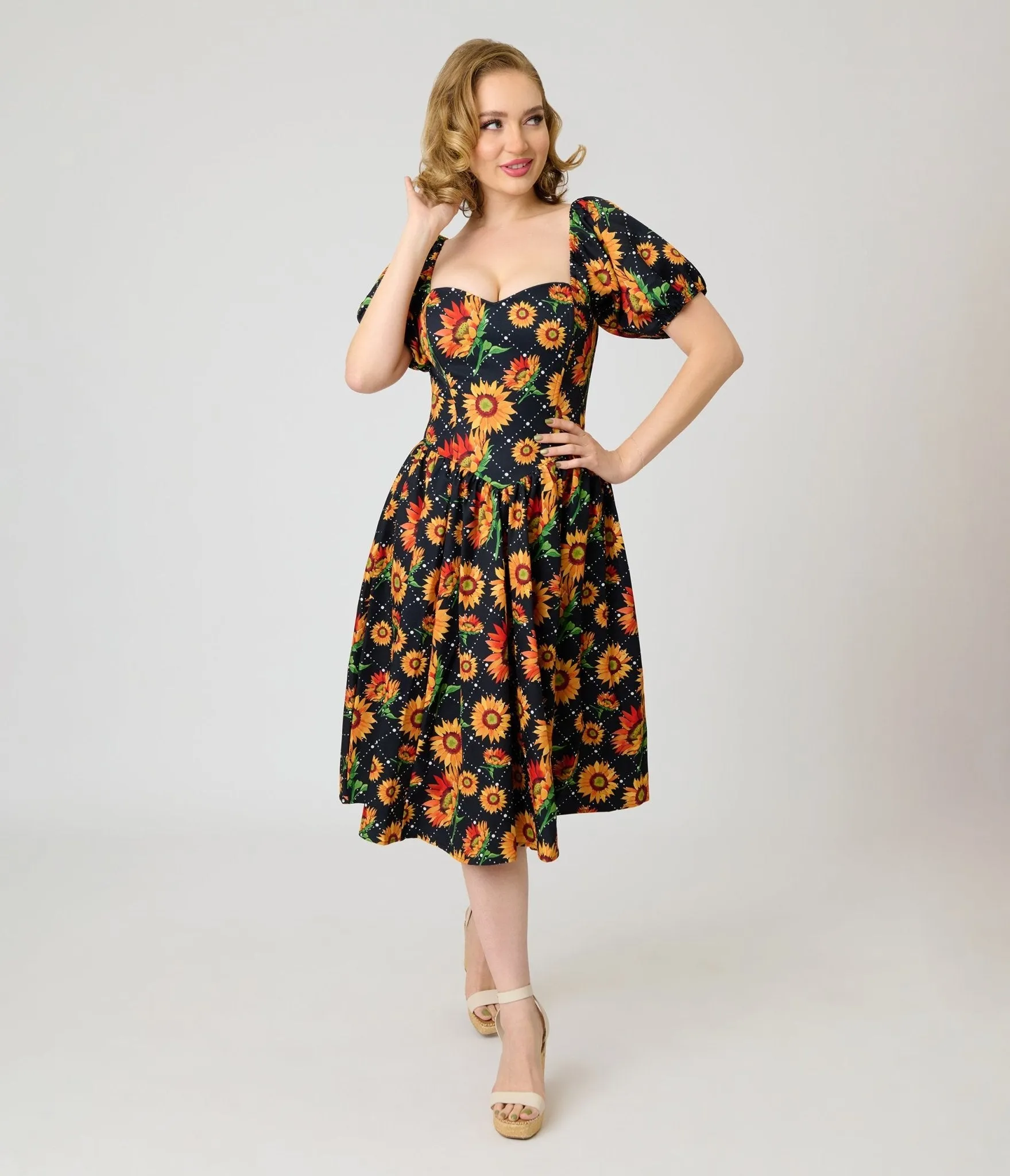 Smak Parlour Black & Sunflower Sweetheart Swing Dress sold by Unique Vintage product image thumbnail 4
