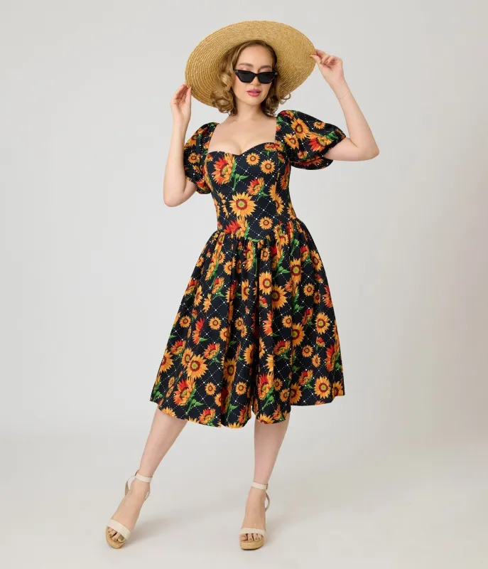 Smak Parlour Black & Sunflower Sweetheart Swing Dress made by Unique Vintage