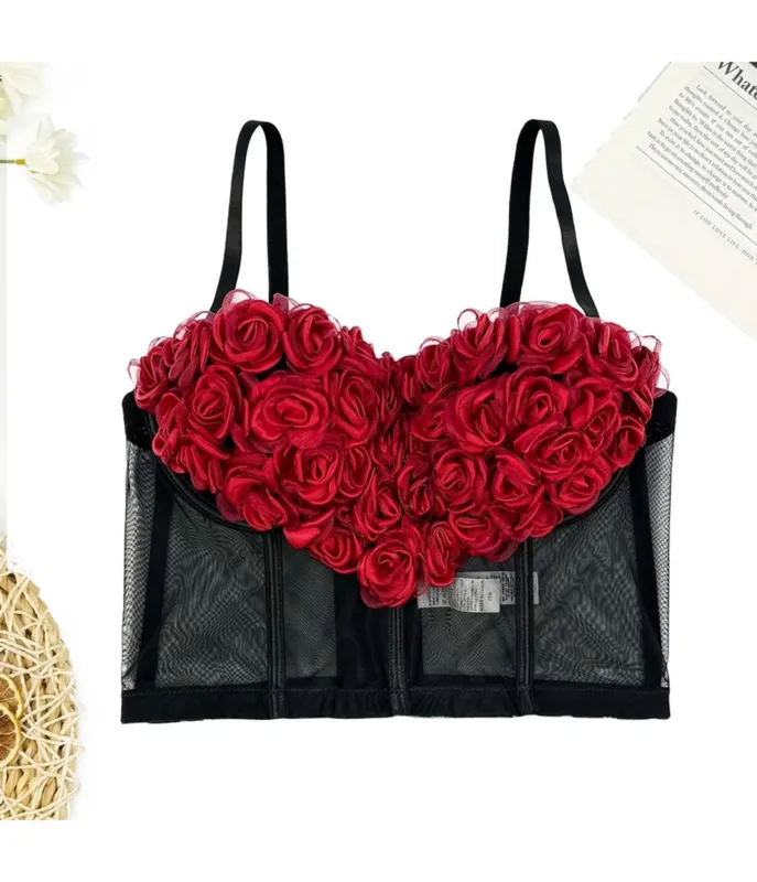 Black & Red Flowers Heart Bustier Crop Top made by Unique Vintage