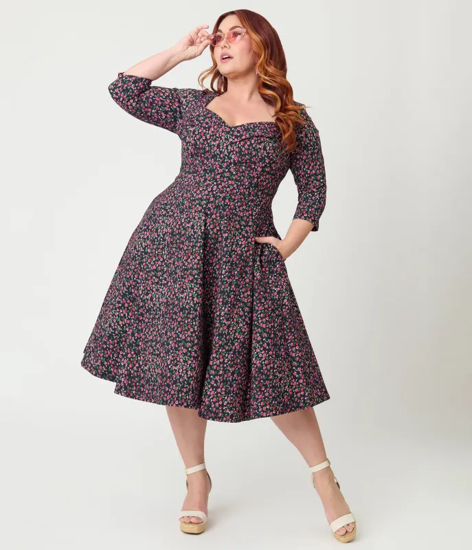 Unique Vintage Plus Size Black Ditzy Rose Pleated Bust Swing Dress made by Unique Vintage