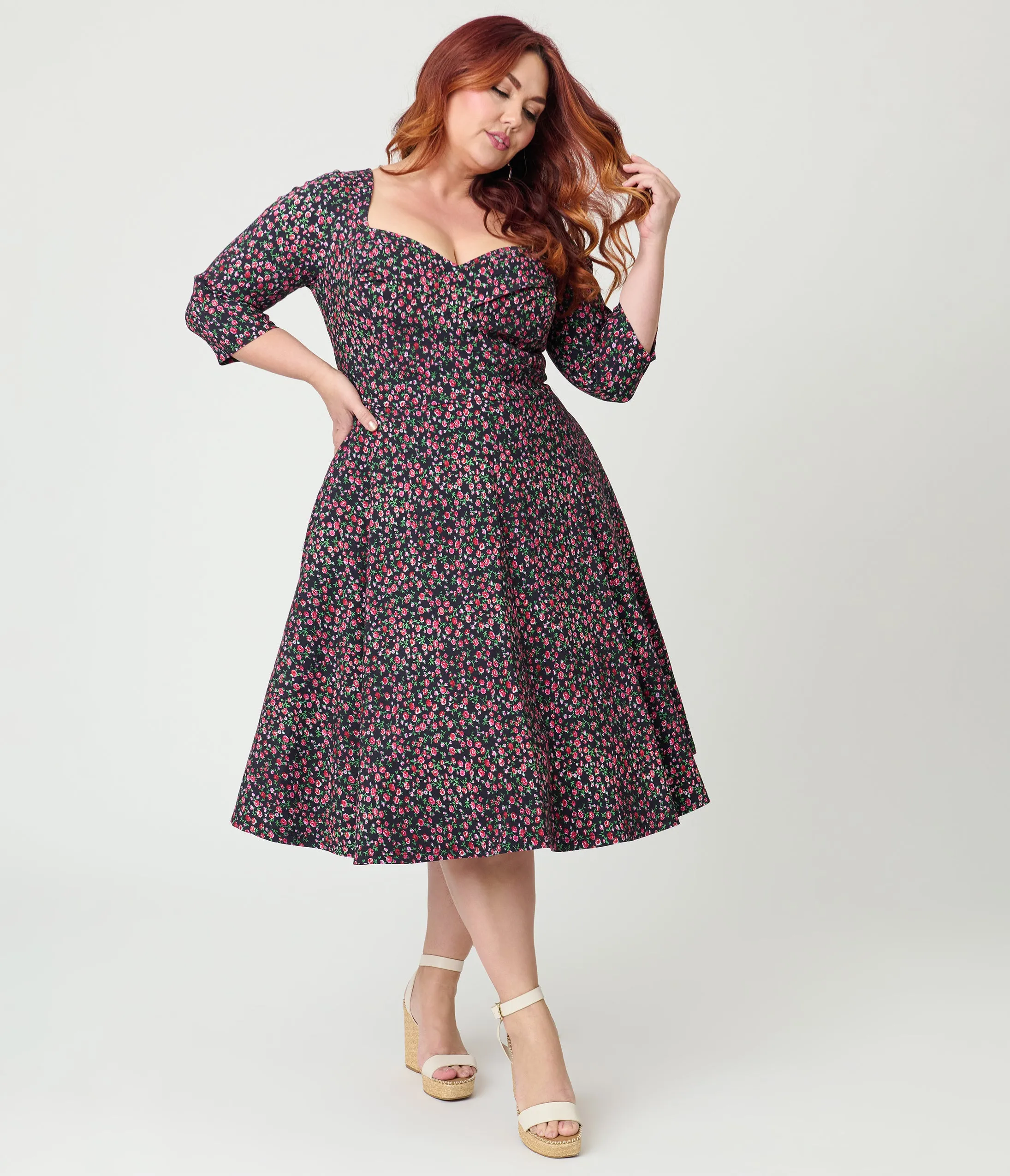 Unique Vintage Plus Size Black Ditzy Rose Pleated Bust Swing Dress sold by Unique Vintage product image thumbnail 4