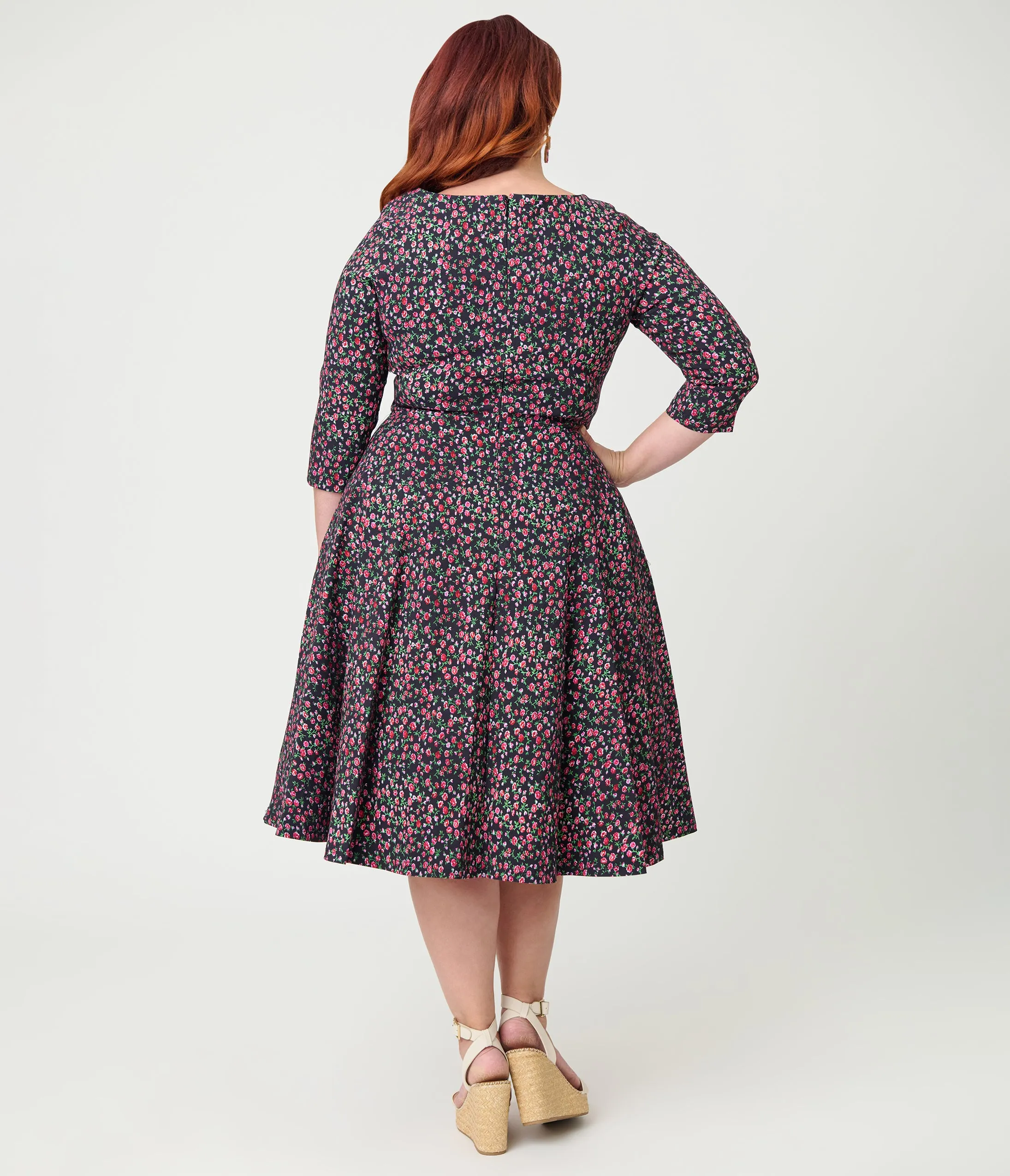 Unique Vintage Plus Size Black Ditzy Rose Pleated Bust Swing Dress sold by Unique Vintage product image thumbnail 2