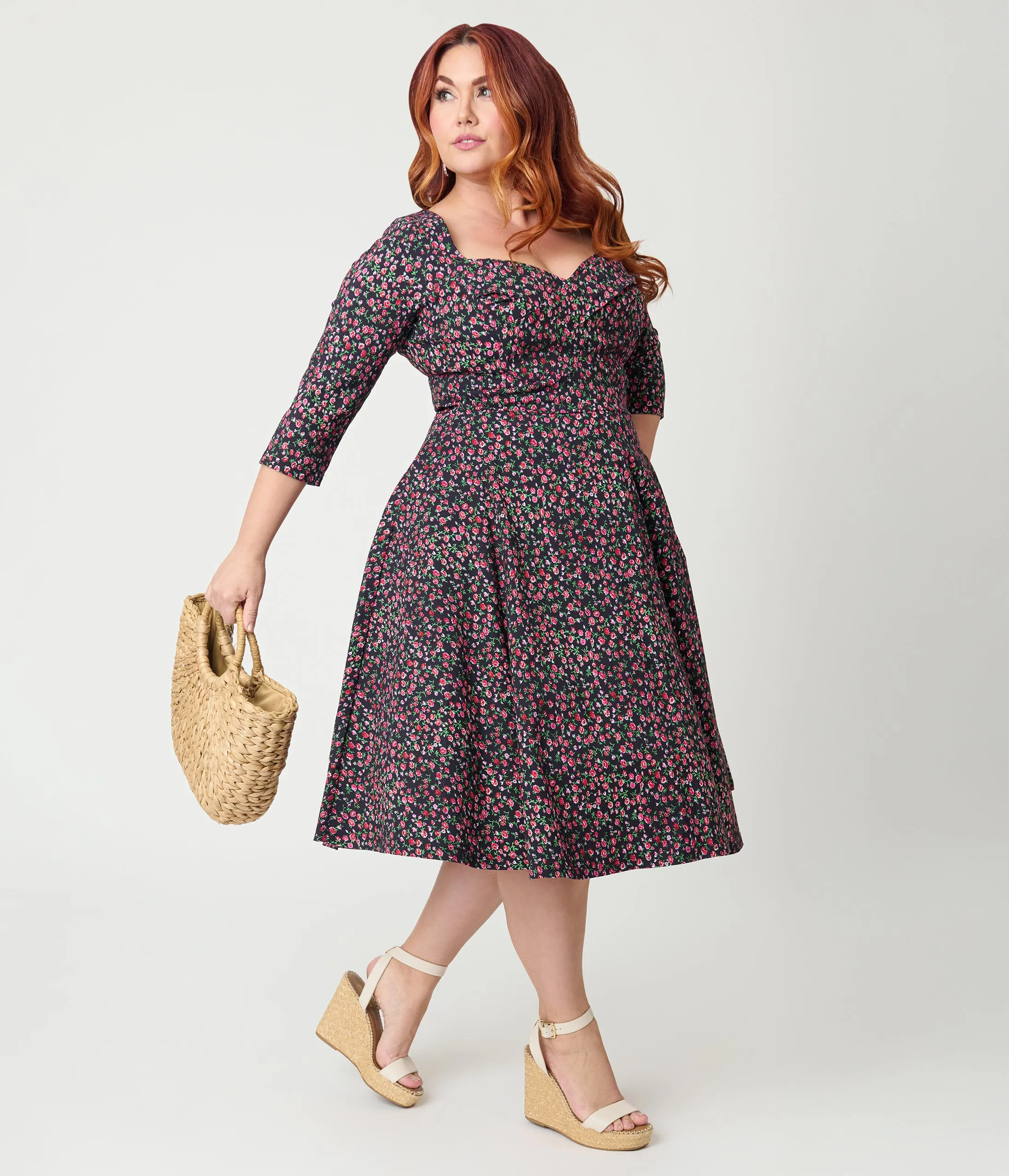 Unique Vintage Plus Size Black Ditzy Rose Pleated Bust Swing Dress sold by Unique Vintage product image thumbnail 3