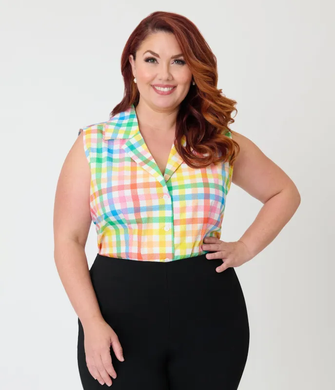 Unique Vintage Plus Size Rainbow Gingham Notched Collar Cotton Blouse made by Unique Vintage