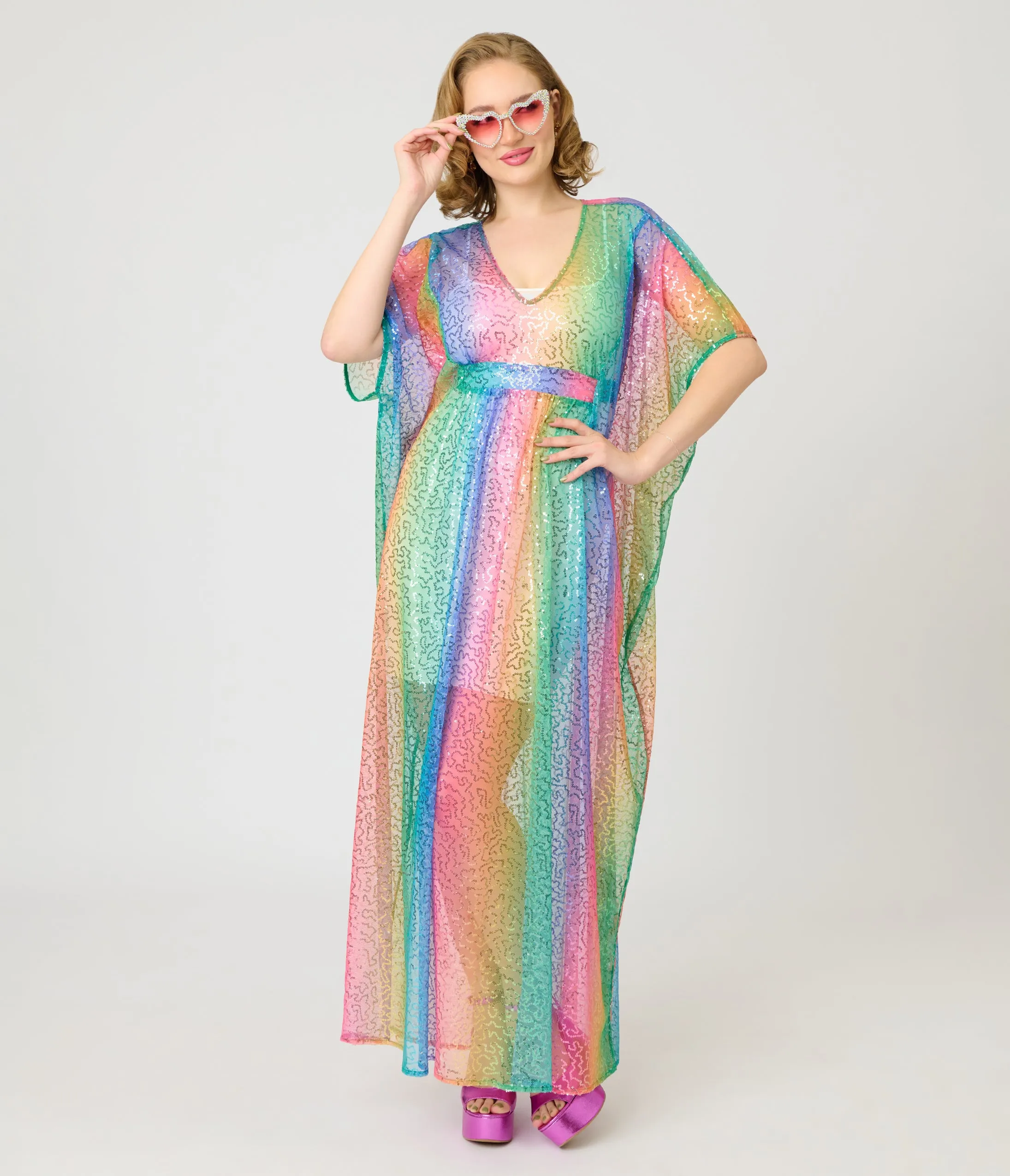 Unique Vintage Rainbow Sequin Mesh Burton Caftan Dress sold by Unique Vintage