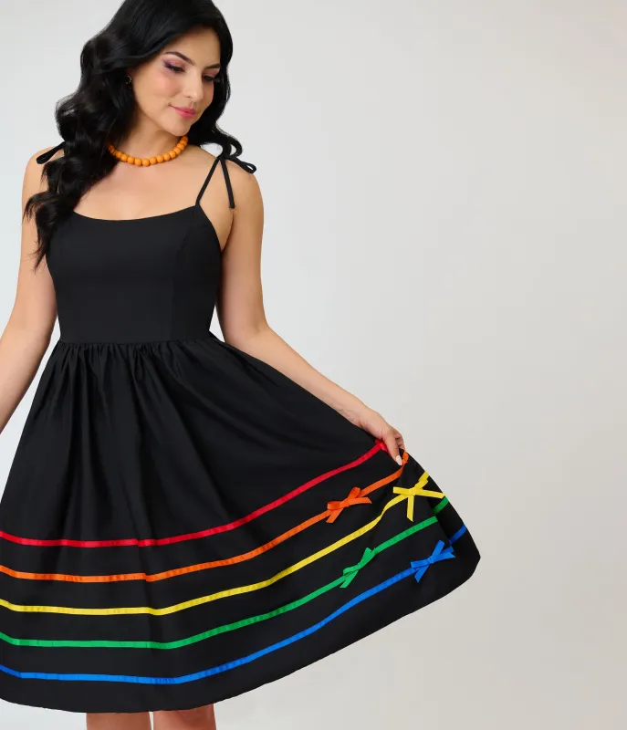 Unique Vintage Black & Rainbow Ribbon Bobbie Swing Dress made by Unique Vintage