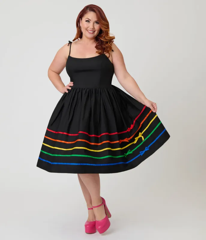 Unique Vintage Plus Size Black & Rainbow Ribbon Bobbie Swing Dress made by Unique Vintage