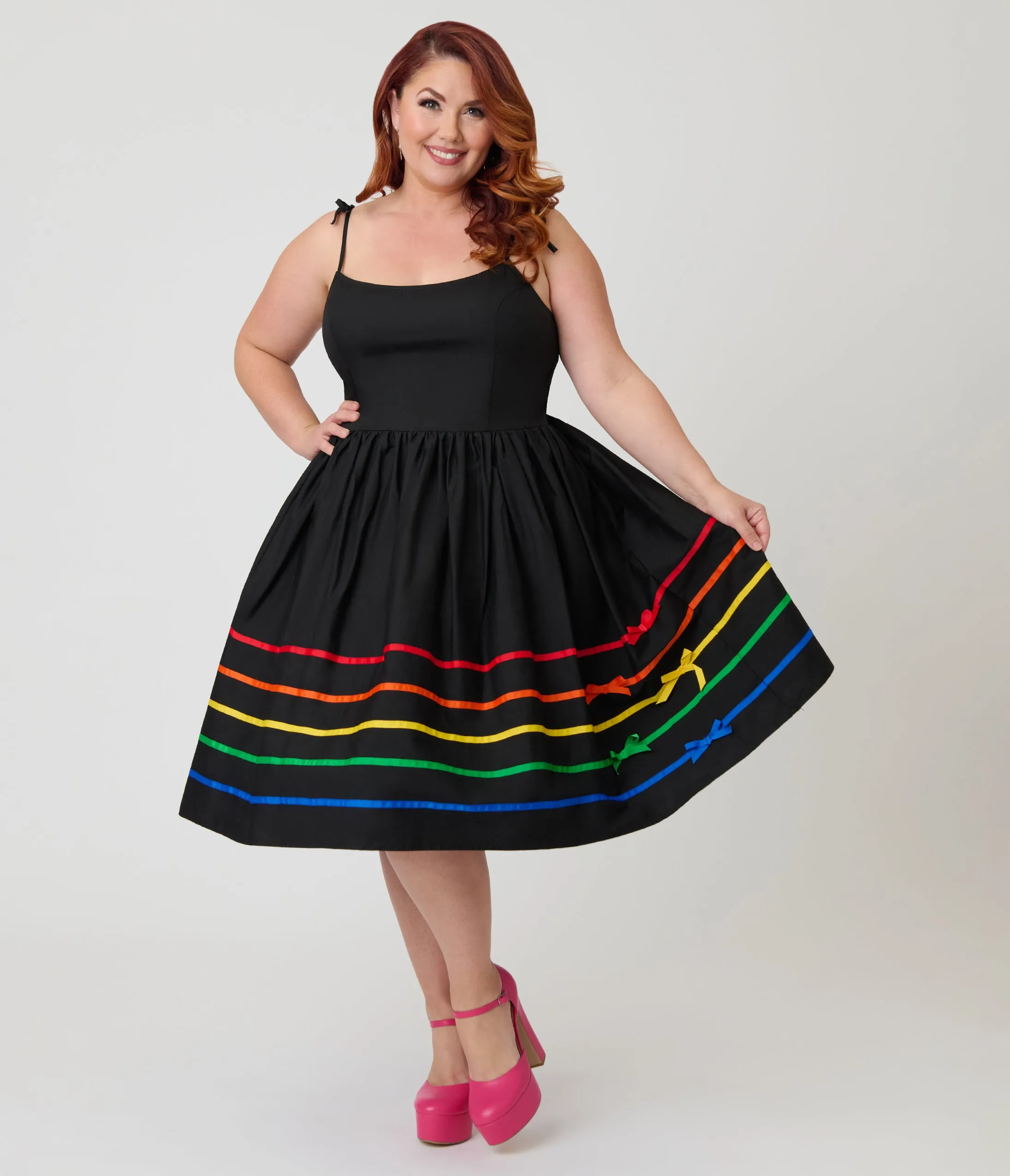 Unique Vintage Plus Size Black & Rainbow Ribbon Bobbie Swing Dress sold by Unique Vintage