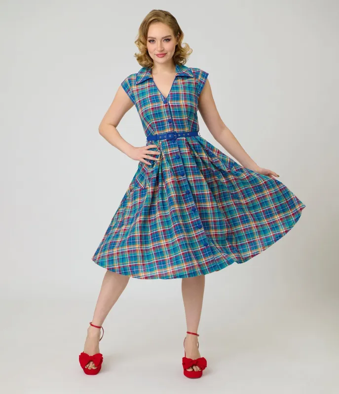 Unique Vintage Blue Madras Plaid Shirt Swing Dress made by Unique Vintage