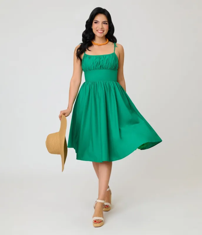 Unique Vintage Green Sleeveless Cotton Swing Dress made by Unique Vintage
