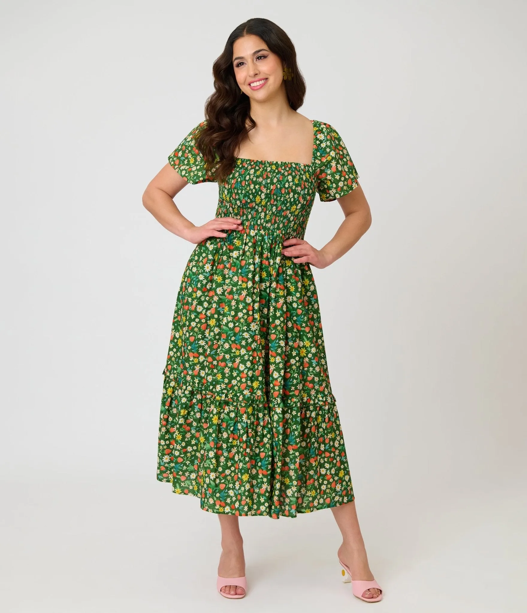 Unique Vintage Green & Strawberry Print Smocked Bodice Midi Dress sold by Unique Vintage product image thumbnail 4
