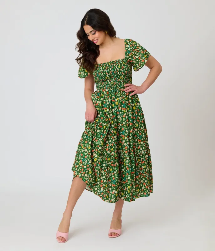 Unique Vintage Green & Strawberry Print Smocked Bodice Midi Dress made by Unique Vintage
