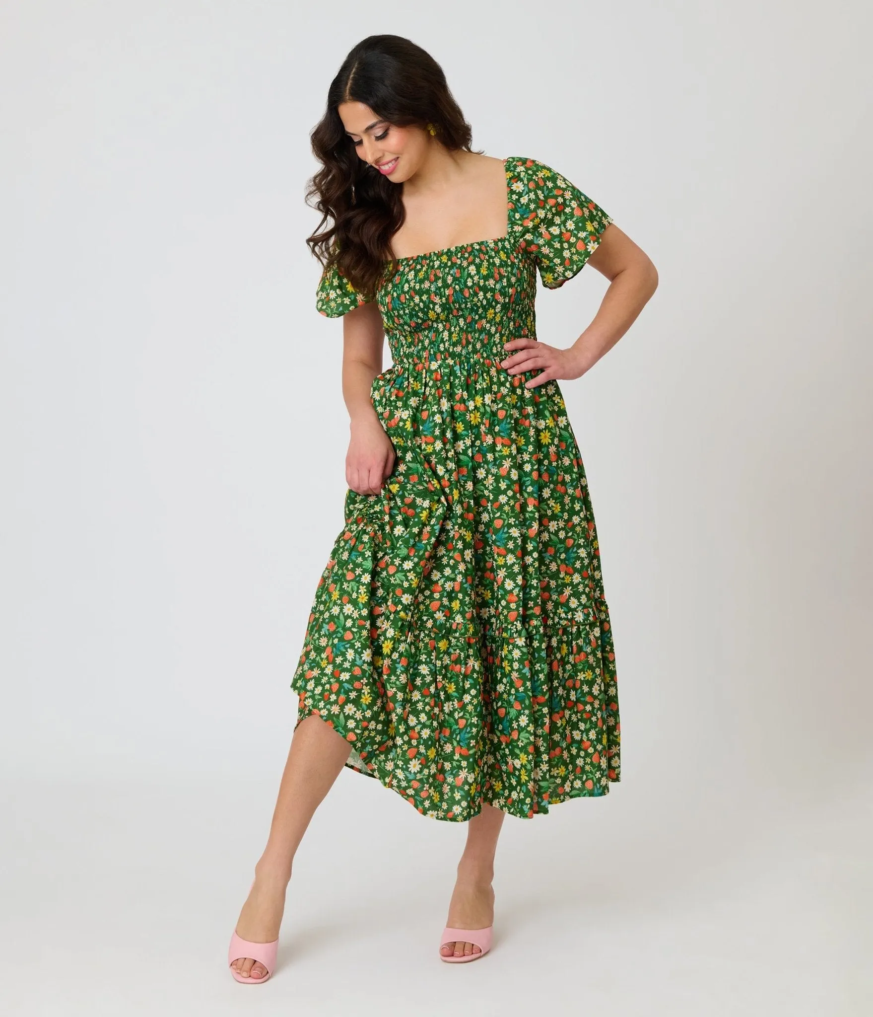 Unique Vintage Green & Strawberry Print Smocked Bodice Midi Dress sold by Unique Vintage